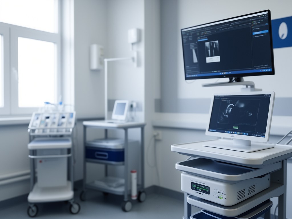 Saúde — posto clínico com monitor de diagnóstico em ambiente hospitalar