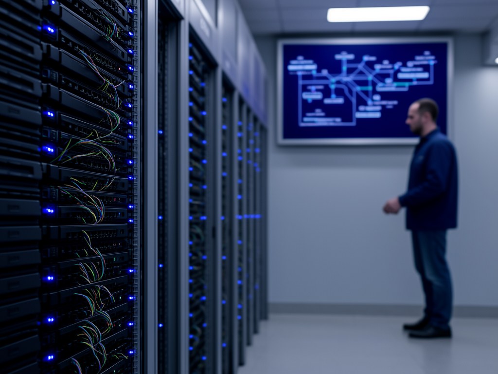 Telecomunicações — sala técnica NOC com bastidores e rede de fibra
